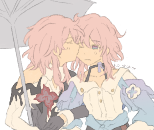 korshokor, evernight (honkai: star rail), march 7th (honkai: star rail), march 7th (preservation) (honkai: star rail), honkai: star rail, honkai (series), 2girls, artist name, black choker, black dress, black gloves, blue eyes, blue jacket, blush, buttons, choker, closed eyes, closed mouth, clothing cutout, collarbone, collared shirt, dress, dual persona, flower, flower ornament, gloves, hair between eyes, holding, holding umbrella, jacket, kiss, kissing cheek, long hair, looking at another, multicolored eyes, multiple girls, official alternate costume, official alternate hairstyle, one eye closed, open clothes, open jacket, pink hair, purple eyes, red flower, selfcest, shirt, short hair, shoulder cutout, sidelocks, simple background, single bare shoulder, two-tone dress, umbrella, upper body, white background, white dress, white flower, white shirt, yuri
