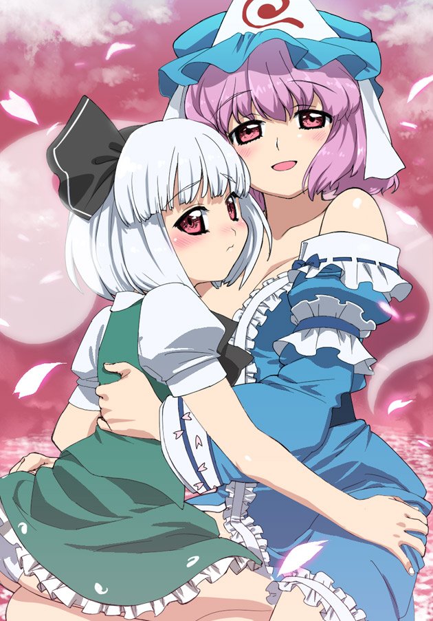 tonbi, konpaku youmu, konpaku youmu (ghost), saigyouji yuyuko, touhou, bad id, bad pixiv id, 2girls, blush, female focus, hat, hitodama, multiple girls, pink hair, short hair, yuri