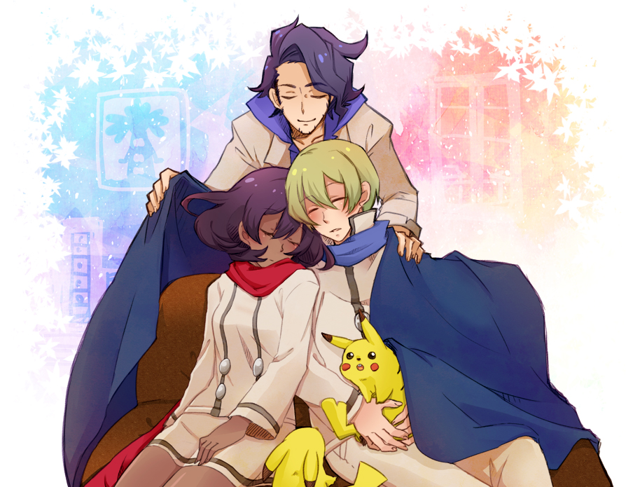 kiriyu (kryutawareaka), dexio (pokemon), pikachu, professor sycamore, sina (pokemon), nintendo, pokemon, pokemon xy, 1girl, 2boys, black hair, blonde hair, blue scarf, closed eyes, covering with blanket, dark-skinned female, dark skin, gen 1 pokemon, lab coat, multiple boys, pokemon (creature), purple hair, red scarf, scarf