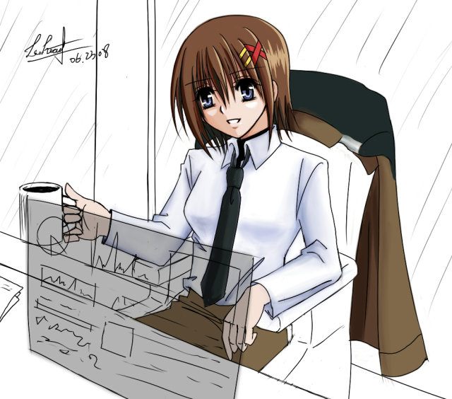 yagami hayate, lyrical nanoha, mahou shoujo lyrical nanoha, mahou shoujo lyrical nanoha strikers, 00s, 1girl, bad anatomy, coffee, computer, cup, dated, female focus, hair ornament, holographic monitor, jacket, military, military uniform, monochrome background, mug, necktie, poorly drawn, shirt, signature, solo, unworn jacket, x hair ornament