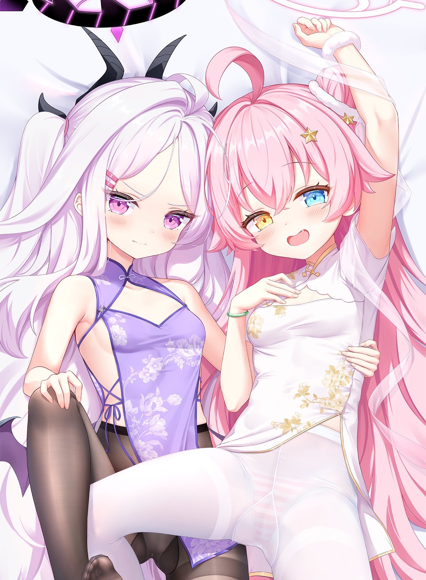 moeyachakai, hina (blue archive), hoshino (blue archive), blue archive, commentary request, highres, 2girls, ahoge, bare arms, bare shoulders, blue eyes, blush, breasts, china dress, chinese clothes, dress, hair between eyes, halo, heterochromia, long hair, looking at viewer, multiple girls, open mouth, panyhose, pink dress, pink hair, purple eyes, purple hair, sleeveless, sleeveless dress, small breasts, very long hair, yellow eyes