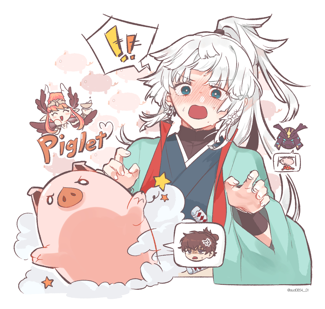 circe (fate), miyamoto iori (fate), ushi gozen (fate), ushi gozen (rider) (fate), yui shousetsu (fate), fate/samurai remnant, fate (series), commentary request, !, !!, 1boy, 3girls, animal, animalization, armor, aud0854 01, black wings, blonde hair, blue eyes, blue kimono, blush, chibi, closed eyes, english text, feathered wings, grey hair, helmet, japanese armor, japanese clothes, kabuto (helmet), katana, kimono, long hair, multicolored hair, multiple girls, open mouth, pig, pink hair, pointy ears, ponytail, smile, star (symbol), sword, twitter username, weapon, white background, wings