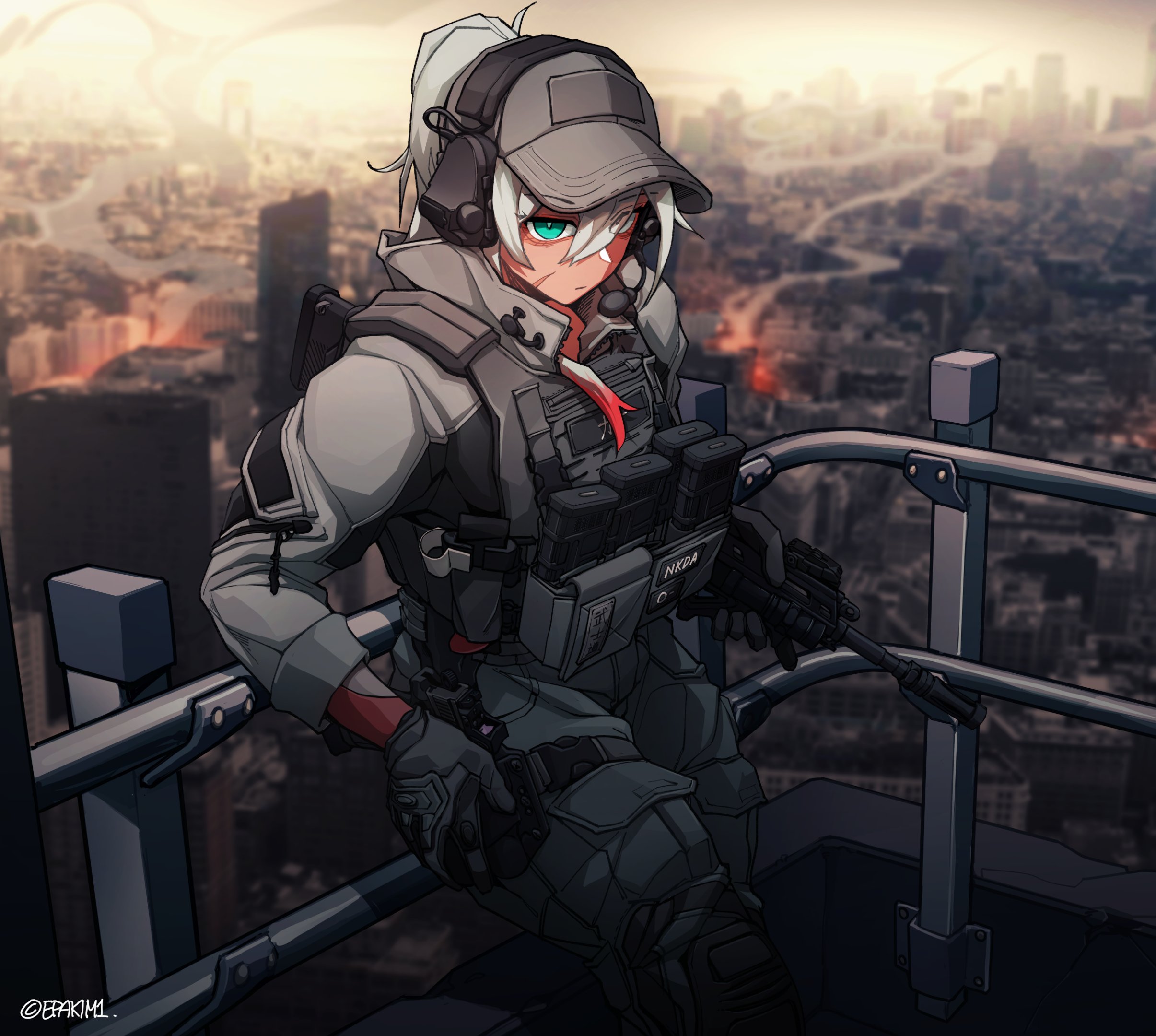 epakim, original, alt text, check weapon, commentary, commission, highres, weapon request, 1girl, aqua eyes, baseball cap, black gloves, bulletproof vest, cityscape, ear protection, fb msbs grot, fn fnx 45, gloves, grey hat, grey pants, grey sweater, gun, hair between eyes, handgun, hat, holding, holding gun, holding weapon, holstered, long hair, looking at viewer, pants, railing, rifle, scar, scar on face, solo, sweater, tactical clothes, weapon, white hair