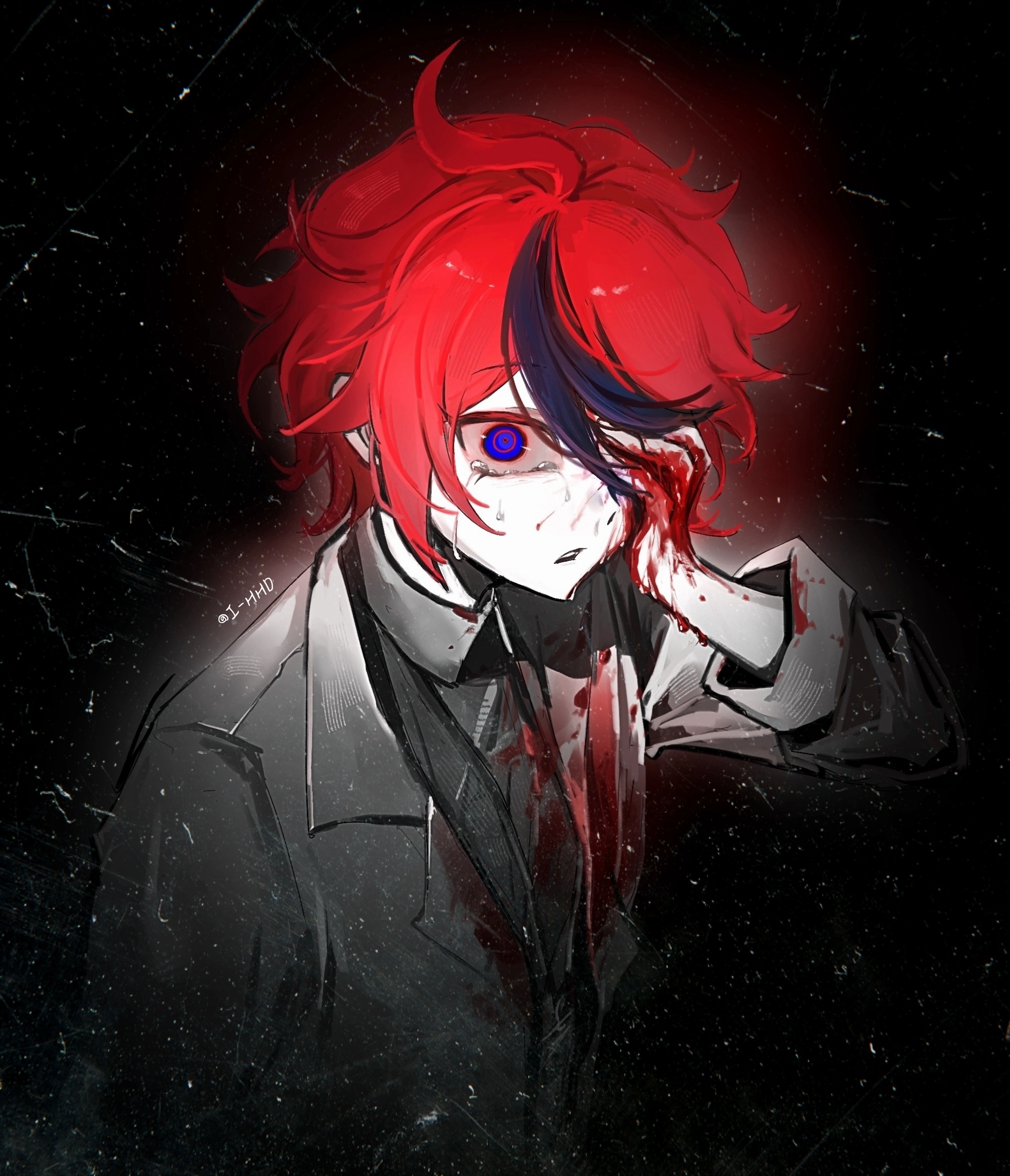 sumino takumi, the hundred line -last defense academy-, chinese commentary, commentary request, highres, variant set, 1boy, ahoge, alternate costume, black shirt, black streaks, bleeding, blood, blood on clothes, blood on face, blood on hands, blue eyes, covering own eyes, crying, crying with eyes open, formal clothes, grey jacket, i-hhdheheda, jacket, lofter username, looking at viewer, male focus, multicolored hair, one eye covered, red hair, ringed eyes, shirt, short hair, solo, streaked hair, suit, tears, teeth, upper body, upper teeth only