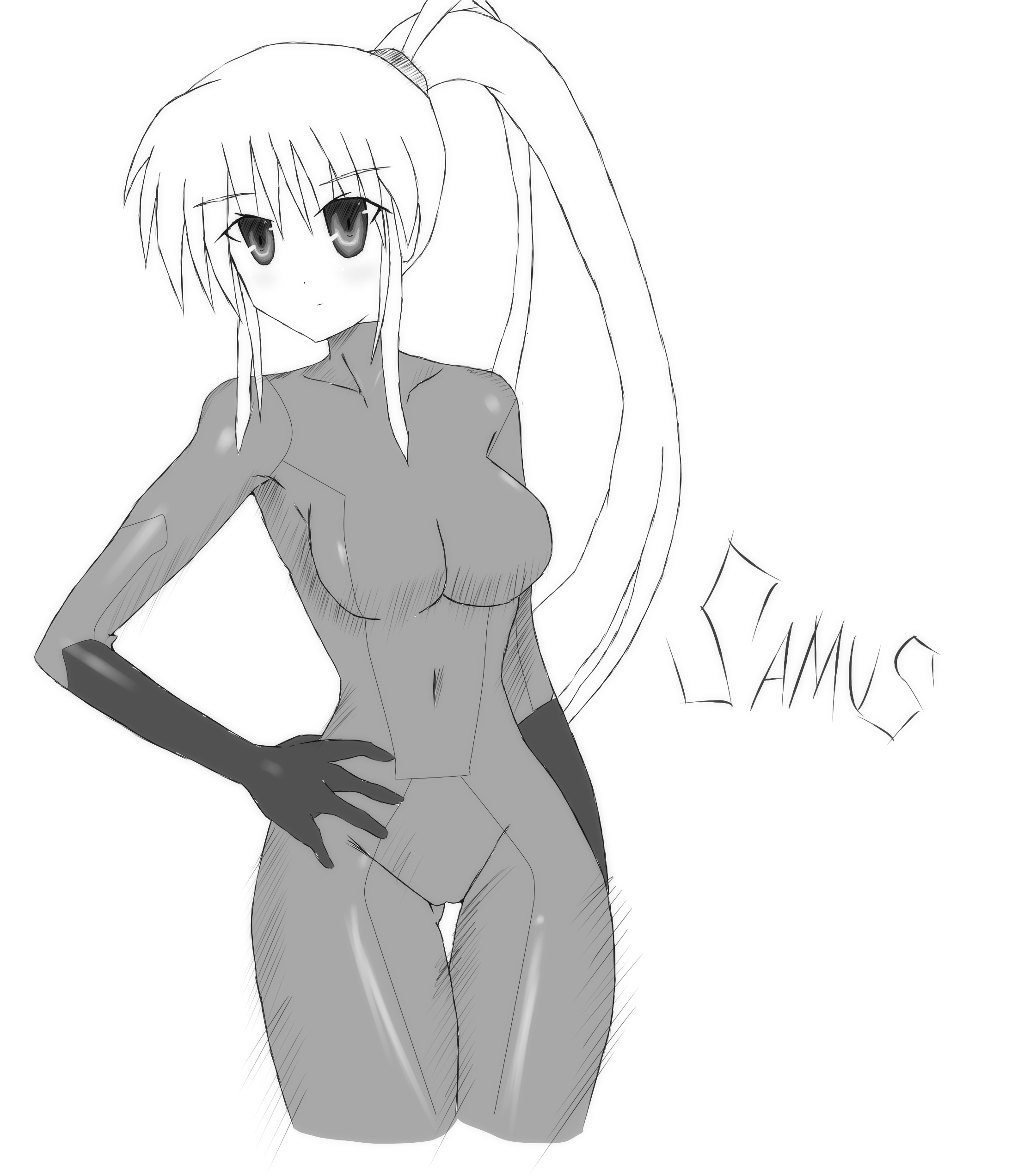 samus aran, metroid, nintendo, absurdres, highres, 1girl, breasts, cameltoe, female focus, greyscale, monochrome, ponytail, solo, zero suit