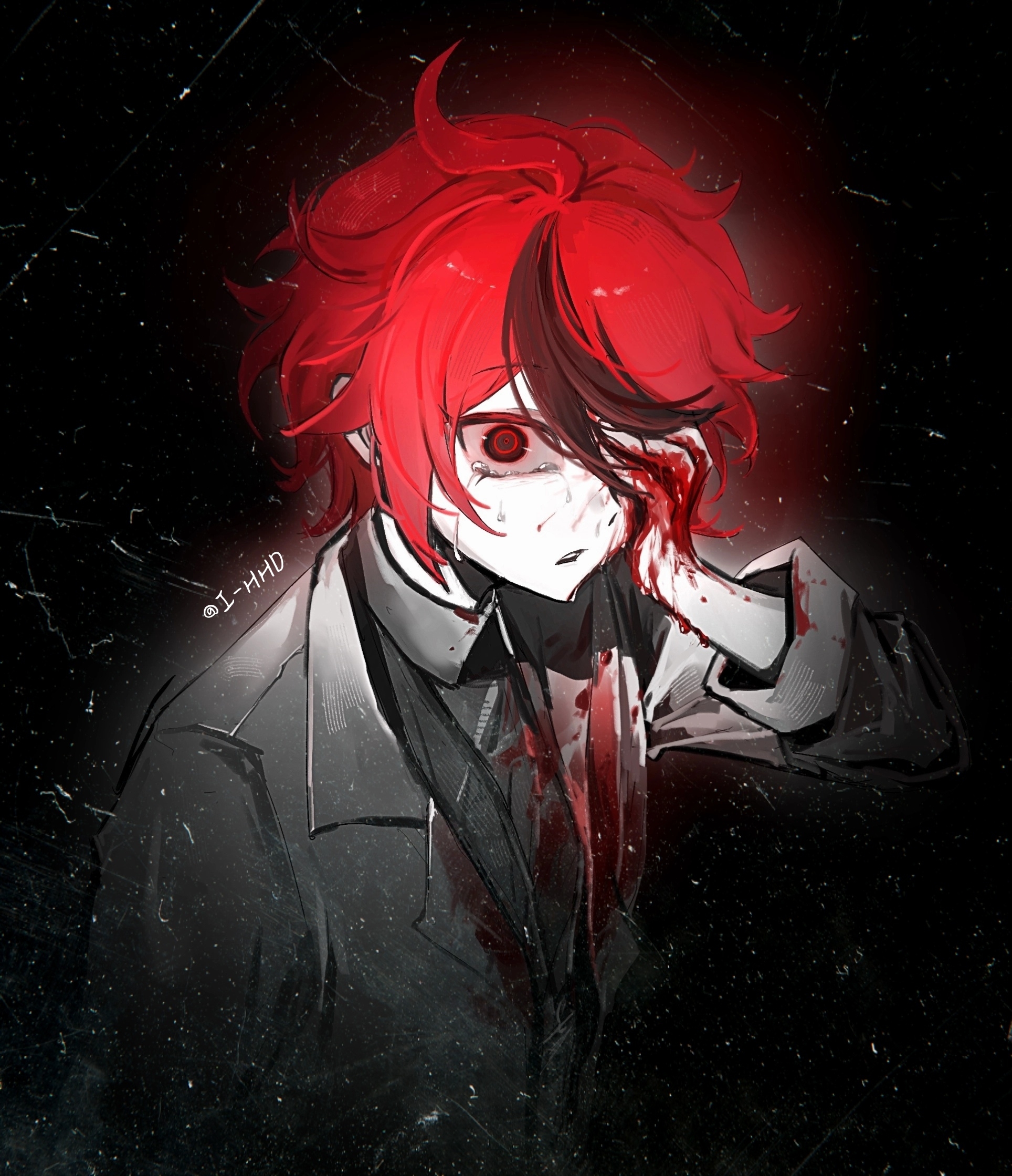 sumino takumi, the hundred line -last defense academy-, chinese commentary, commentary request, highres, variant set, 1boy, ahoge, alternate costume, black shirt, black streaks, bleeding, blood, blood on clothes, blood on face, blood on hands, covering own eyes, crying, crying with eyes open, formal clothes, grey jacket, i-hhdheheda, jacket, lofter username, looking at viewer, male focus, multicolored hair, official alternate eye color, one eye covered, red eyes, red hair, ringed eyes, shirt, short hair, solo, streaked hair, suit, tears, teeth, upper body, upper teeth only
