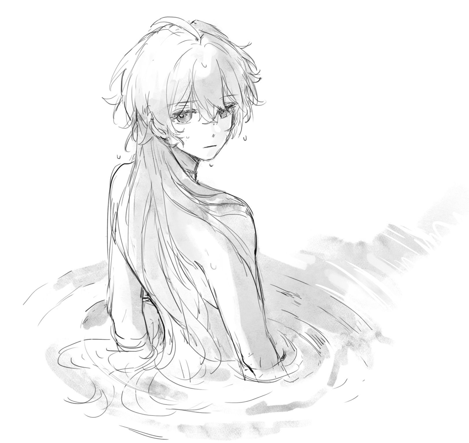 leonrui, aether (genshin impact), genshin impact, chinese commentary, commentary request, highres, 1boy, ahoge, alternate hairstyle, back, closed mouth, crossed bangs, from behind, greyscale, hair between eyes, half-closed eyes, long hair, looking at viewer, looking back, male focus, monochrome, nude, simple background, solo, water, wet