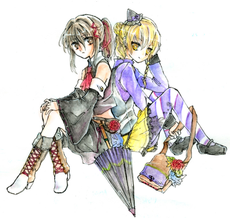 kizugisau, teiruzuta, hakurei reimu, kirisame marisa, touhou, bad id, bad pixiv id, 2girls, blonde hair, boots, brown eyes, brown hair, female focus, full body, hat, multiple girls, simple background, skirt, umbrella, white background, yellow eyes