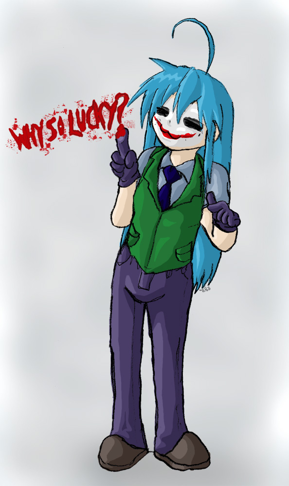 izumi konata, the joker, batman (series), dc comics, lucky star, 1girl, :3, ahoge, cosplay, english text, female focus, parody, solo, the joker (cosplay), why so serious