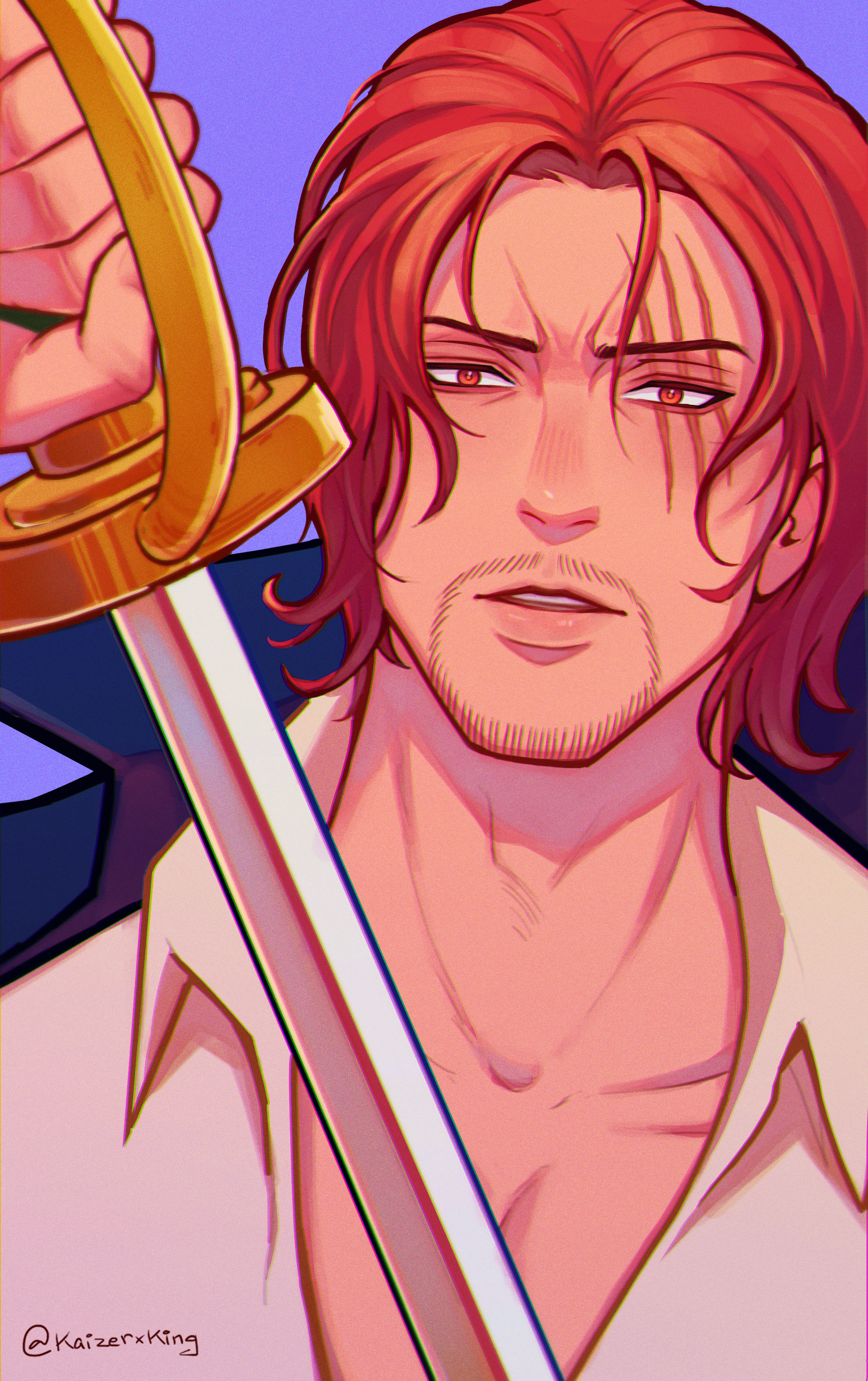kaizer (kaizerxking), shanks (one piece), one piece, absurdres, commentary, english commentary, highres, 1boy, beard stubble, black cape, cape, collared shirt, facial hair, holding, holding sword, holding weapon, male focus, red eyes, red hair, scar, scar across eye, scar on face, shirt, simple background, solo, stubble, sword, twitter username, weapon, white shirt