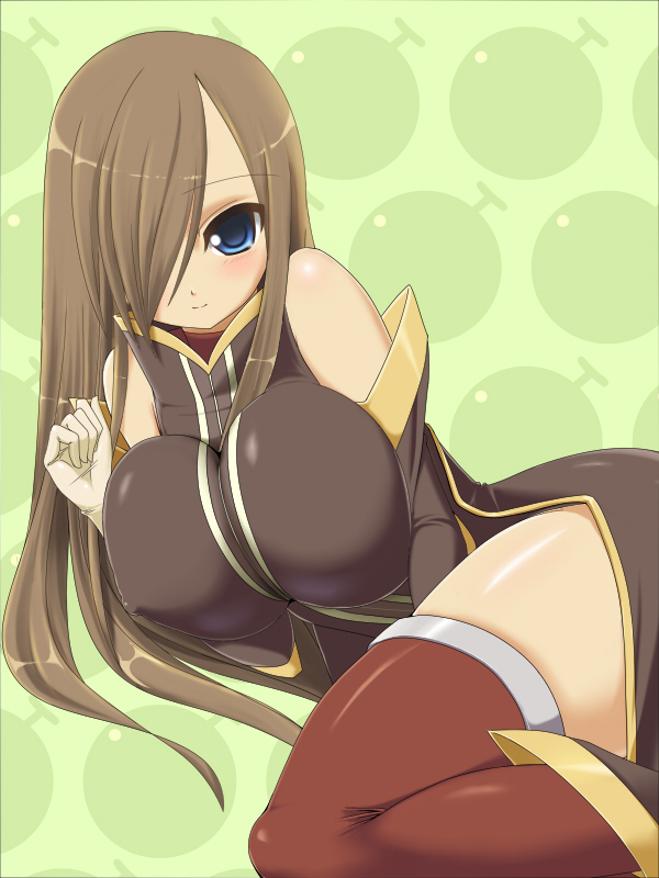 shuz (dodidu), tear grants, tales of (series), tales of the abyss, 00s, 1girl, bare shoulders, blue eyes, breasts, breasts squeezed together, brown hair, elbow gloves, female focus, gloves, hair over one eye, huge breasts, impossible clothes, impossible shirt, long hair, shirt, solo, thighhighs