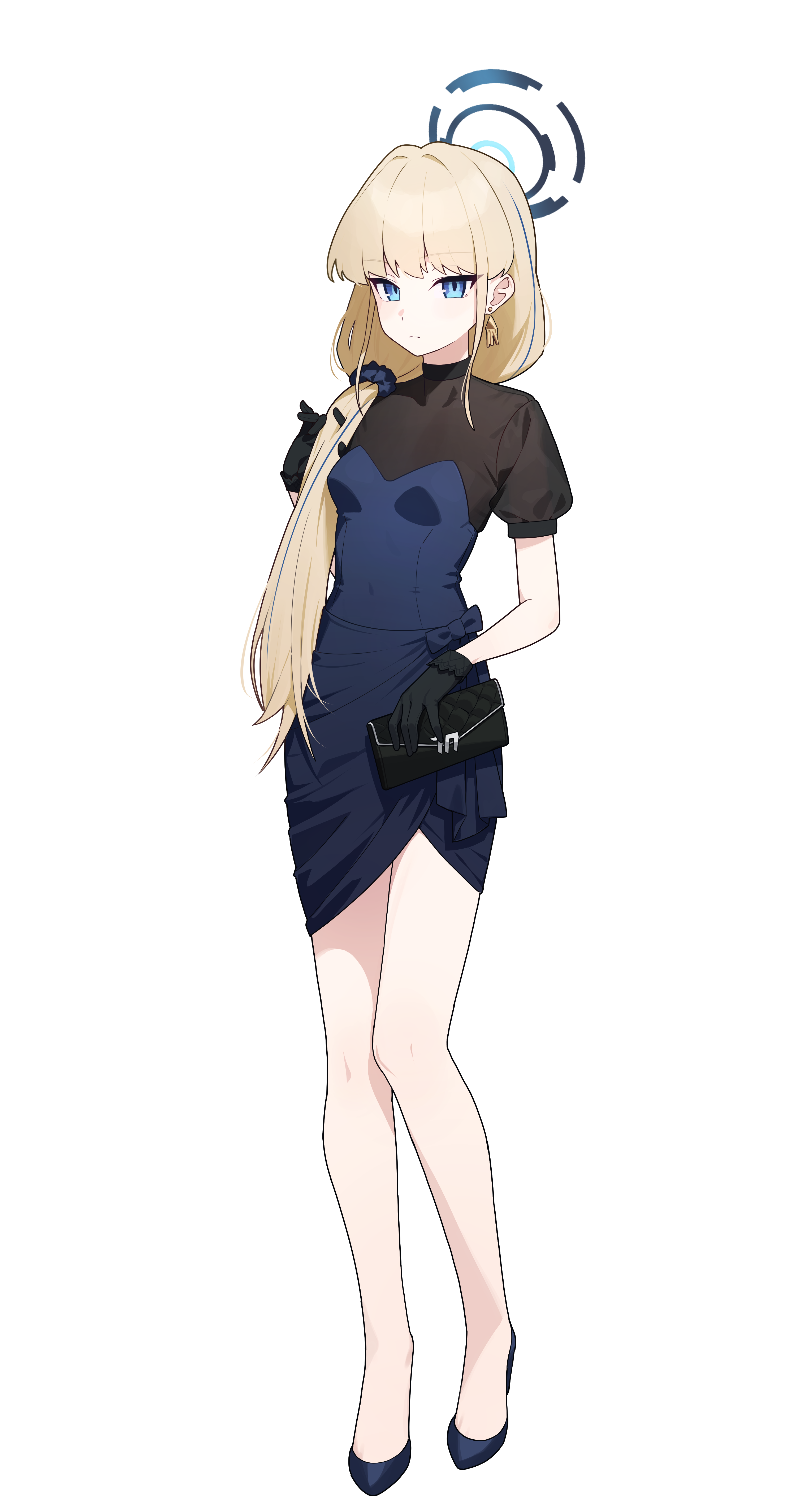 pyytato, toki (blue archive), blue archive, absurdres, commentary, highres, 1girl, alternate costume, alternate hairstyle, black gloves, black hair, blonde hair, blue bow, blue dress, blue eyes, blue hair, blue halo, blue shoes, blush, bow, closed mouth, dress, dress bow, earrings, formal clothes, frown, full body, gloves, hair intakes, hair over shoulder, halo, hand in own hair, hand up, high heels, jewelry, long hair, looking at viewer, low ponytail, millennium science school logo, multicolored hair, no socks, ponytail, shoes, short dress, sidelocks, simple background, solo, split mouth, standing, straight hair, streaked hair, two-tone dress, very long hair, white background