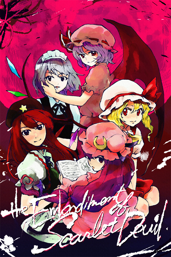 kuma (artist), kuma (crimsonvanilla), flandre scarlet, hong meiling, izayoi sakuya, patchouli knowledge, remilia scarlet, embodiment of scarlet devil, touhou, silver hair, 5girls, beret, blonde hair, china dress, chinese clothes, crescent hat ornament, crystal, demon wings, dress, female focus, hat, hat ornament, looking at viewer, maid headdress, mob cap, multiple girls, purple hair, red eyes, red hair, short hair, star (symbol), vampire, wings