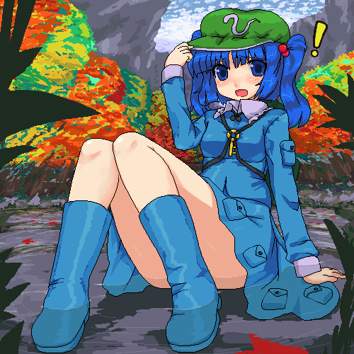 ktsecond, kawashiro nitori, touhou, lowres, 1girl, autumn leaves, blue eyes, blue hair, boots, female focus, hair bobbles, hair ornament, hat, leaf, matching hair/eyes, rubber boots, solo, two side up