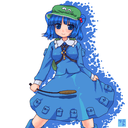 ktsecond, kawashiro nitori, touhou, lowres, 1girl, blue eyes, blue hair, cattail, female focus, hair bobbles, hair ornament, hat, key, matching hair/eyes, oekaki, plant, short hair, smile, solo, twintails, two side up
