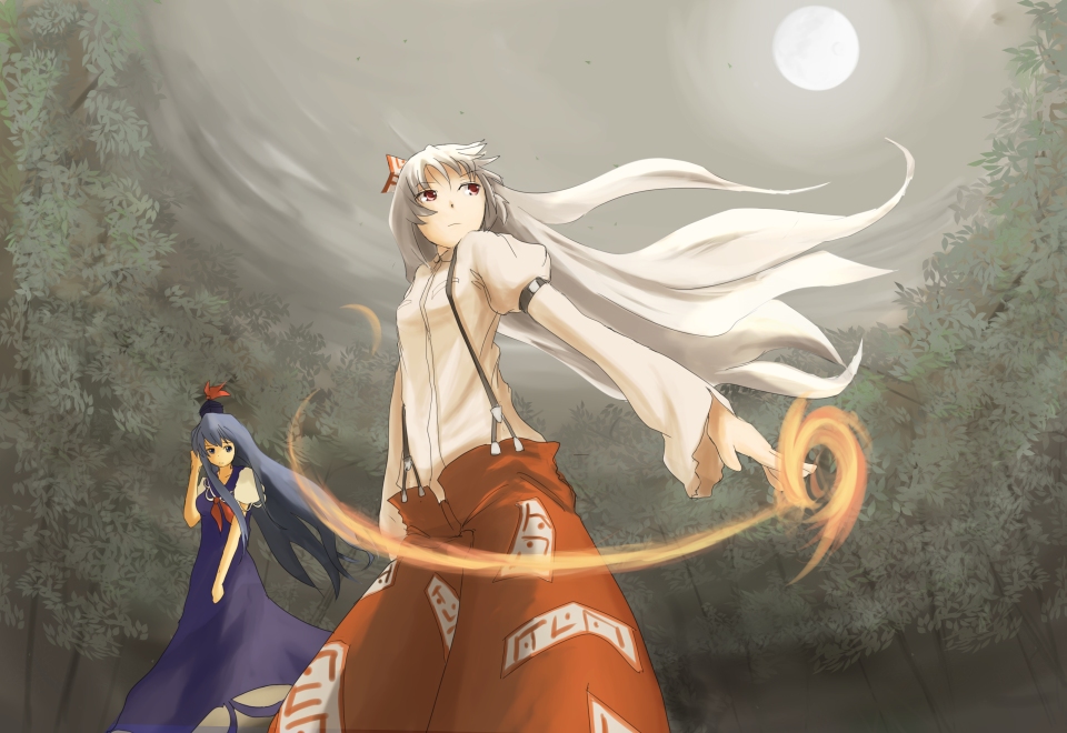 kokotetsu, fujiwara no mokou, kamishirasawa keine, touhou, silver hair, 2girls, blue hair, cloud, female focus, fire, forest, hair ribbon, hat, long hair, moon, multiple girls, nature, outdoors, plant, red eyes, ribbon, sky, standing, suspenders, tree, very long hair