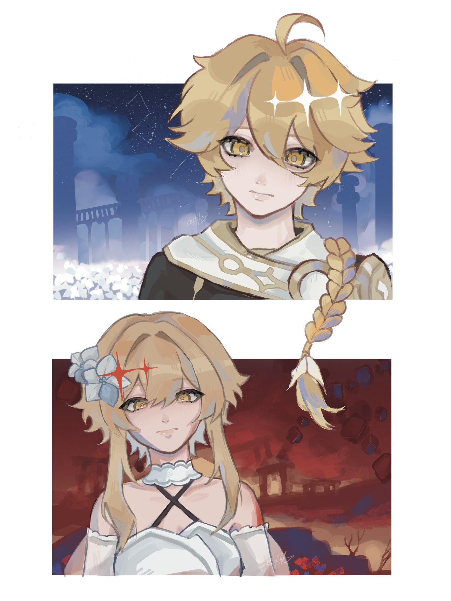 aether (genshin impact), lumine (genshin impact), genshin impact, highres, 1boy, 1girl, ahoge, architecture, bare shoulders, black shirt, blonde hair, blue sky, blush, border, braid, brother and sister, choker, closed mouth, colored inner hair, constellation, detached sleeves, dress, field, flower, flower field, grey hair, hair between eyes, hair flower, hair ornament, hair ribbon, kuroroll, lips, long hair, long sleeves, looking at viewer, low-braided long hair, low-tied long hair, multicolored hair, night, night sky, outdoors, outside border, red sky, ribbon, ruins, scarf, shirt, short hair, short sleeves, siblings, sidelocks, sky, sleeveless, sleeveless dress, star (sky), starry sky, twins, upper body, white border, white choker, white dress, white flower, white ribbon, white scarf, white sleeves, yellow eyes