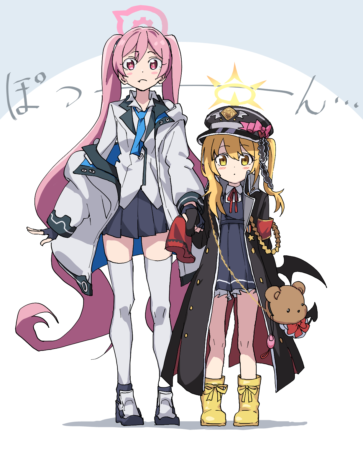 momomatang, ibuki (blue archive), koyuki (blue archive), blue archive, commentary request, highres, 2girls, animal bag, bear bag, black coat, black shoes, black skirt, blazer, blonde hair, blue necktie, boots, closed mouth, coat, collared shirt, dot mouth, dress, dress shirt, fang, fang out, frown, full body, gradient halo, grey jacket, grey shirt, grey thighhighs, halo, holding hands, hood, hooded jacket, jacket, long hair, miniskirt, multicolored halo, multiple girls, neck ribbon, necktie, one side up, open clothes, open coat, open jacket, orange halo, pinafore dress, pink eyes, pleated skirt, red ribbon, ribbon, school uniform, shirt, shoes, simple background, single off shoulder, skirt, sleeveless, sleeveless dress, sleeves past fingers, sleeves past wrists, standing, thighhighs, very long hair, white background, yellow boots, yellow eyes, yellow halo, zettai ryouiki