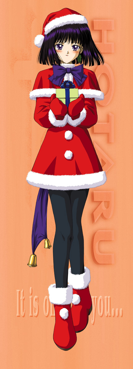 hino ryutaro, sailor saturn, tomoe hotaru, bishoujo senshi sailor moon, 1990s (style), 1girl, bell, black hair, black pantyhose, blush, bob cut, boots, bow, bowtie, character name, christmas, earrings, female focus, full body, fur-trimmed headwear, fur trim, gift, gloves, hat, jewelry, mittens, orange background, pantyhose, pom pom (clothes), purple bow, purple bowtie, purple eyes, purple hair, red boots, red hat, red mittens, retro artstyle, santa costume, santa hat, short hair, solo, standing