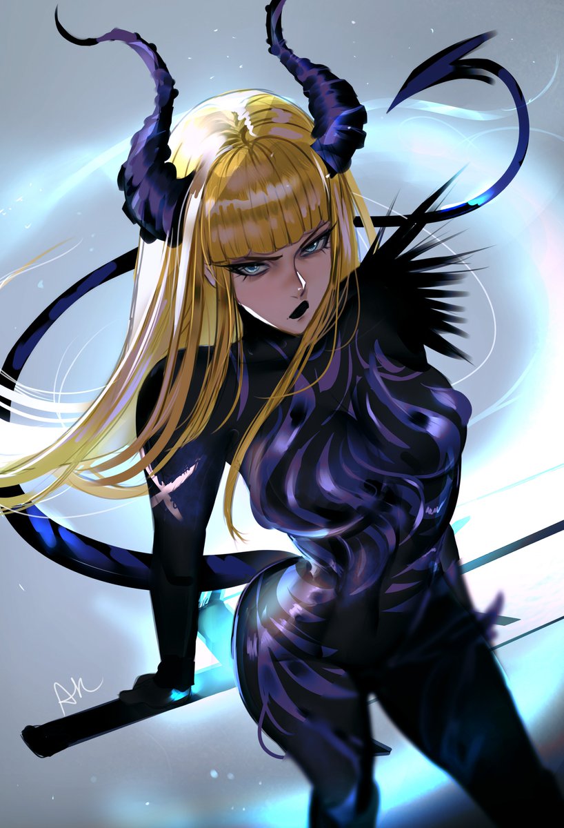 arialla draws, magik (x-men), marvel, marvel rivals, x-men, highres, 1girl, blonde hair, blue eyes, bodysuit, breasts, holding, holding sword, holding weapon, horns, long hair, looking at viewer, solo, sword, weapon