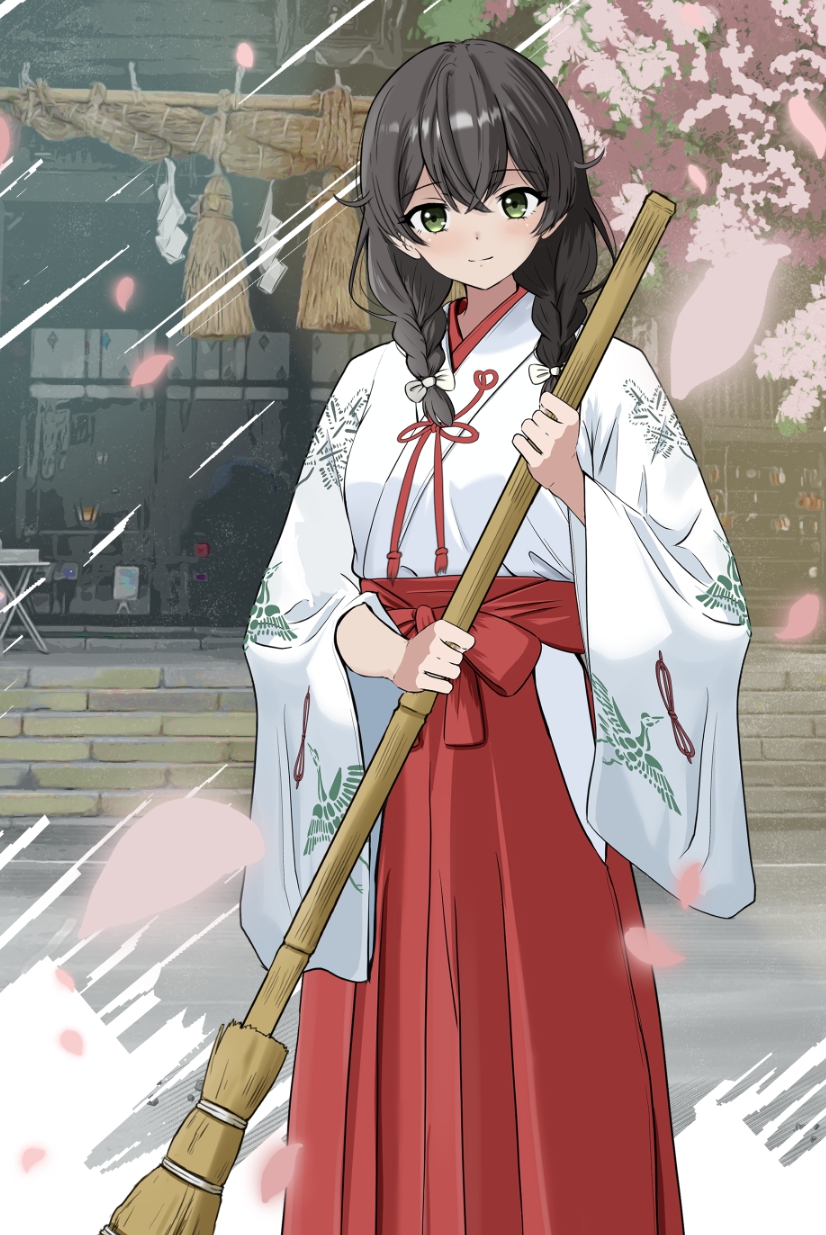 k-yous, original, highres, 1girl, bamboo broom, black hair, bow, braid, broom, cherry blossoms, hair bow, hakama, hakama skirt, holding, holding broom, japanese clothes, kimono, light smile, long hair, long sleeves, looking at viewer, miko, red hakama, skirt, solo, twin braids, white bow, white kimono, wide sleeves