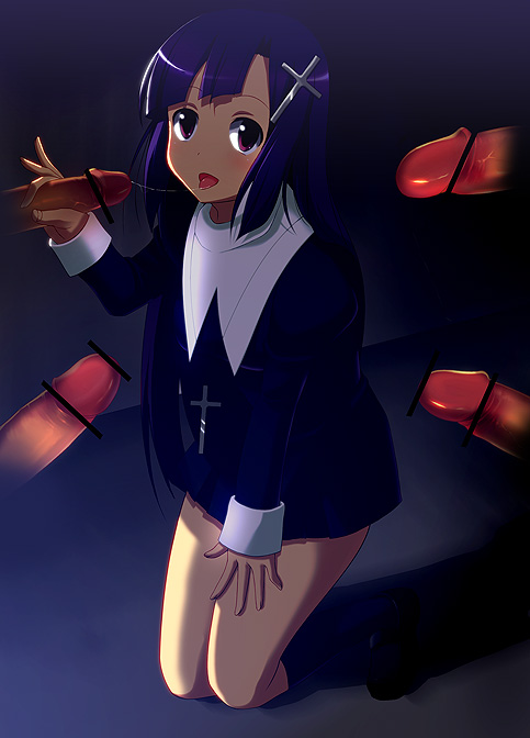 kyoku tou, zange, kannagi, 00s, 1girl, bar censor, censored, cross, fellatio, full body, kneehighs, kneeling, nun, oral, penis, purple hair, saliva, saliva trail, socks, solo focus, surrounded by penises, tongue