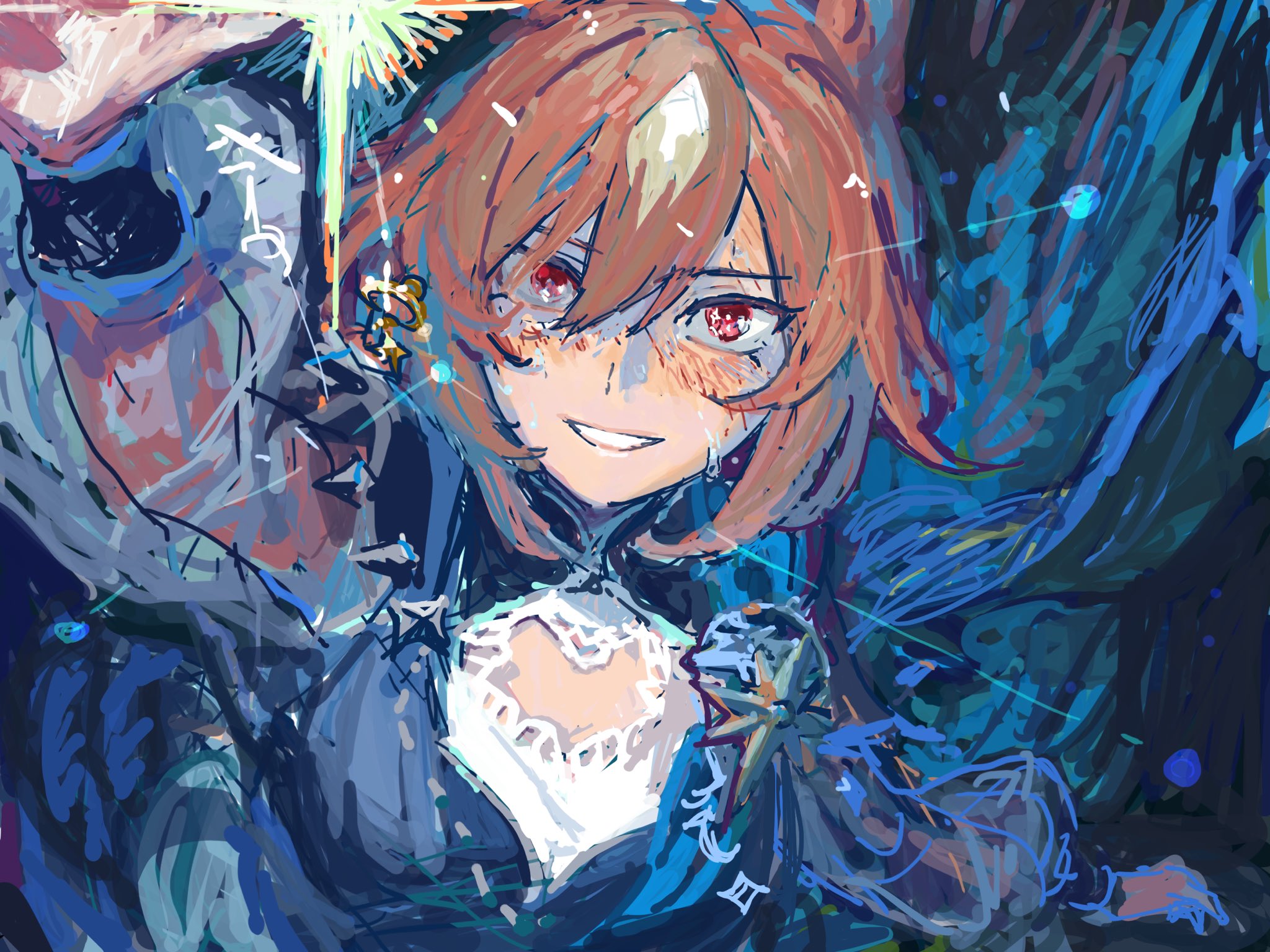 suaviterra, sirius symboli (louve stellaire) (umamusume), sirius symboli (umamusume), umamusume, highres, 1girl, animal ears, blue dress, brown hair, dress, from above, hair between eyes, horse ears, horse girl, looking at viewer, multicolored hair, official alternate costume, painterly, reaching, reaching towards viewer, red eyes, smile, solo, streaked hair, sweat