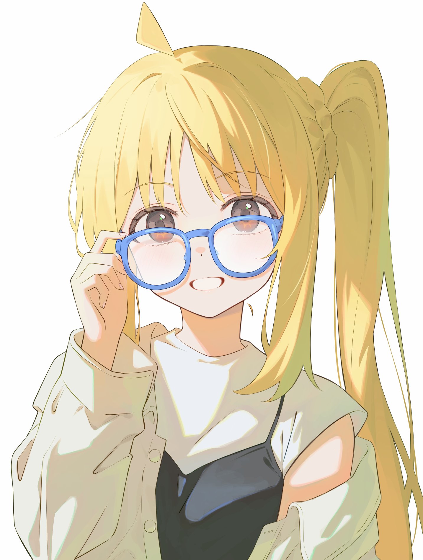 hofumaso, ijichi nijika, bocchi the rock!, commentary request, highres, 1girl, :d, adjusting eyewear, ahoge, arm at side, bespectacled, blonde hair, blue-framed eyewear, blush, braid, breasts, brown eyes, buttons, eyelashes, fingernails, glasses, grin, hand on eyewear, hand up, jacket, long hair, long sleeves, looking at viewer, off shoulder, open clothes, open jacket, open mouth, shirt, side ponytail, side ponytail with braided base, sidelocks, simple background, smile, solo, teeth, upper body, white background