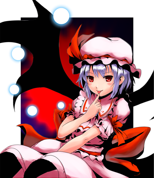 namine0079, remilia scarlet, touhou, bad id, bad pixiv id, 1girl, bat wings, blue hair, blush, female focus, gradient background, hat, red eyes, ribbon, short hair, skirt, solo, wings