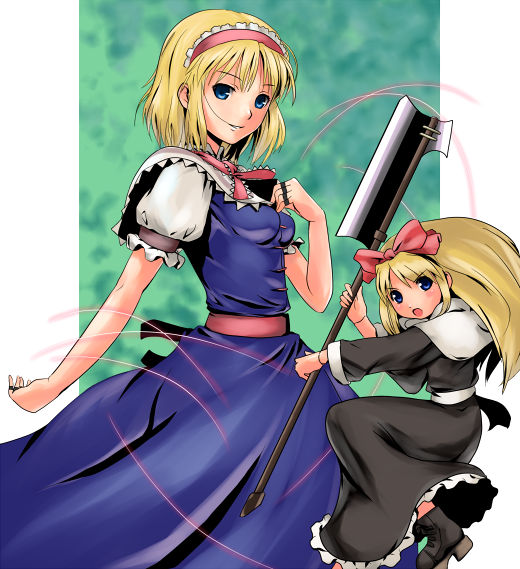 namine0079, alice margatroid, shanghai doll, touhou, bad id, bad pixiv id, 2girls, blonde hair, blue eyes, breasts, female focus, hairband, multiple girls, ribbon, short hair, solo, standing