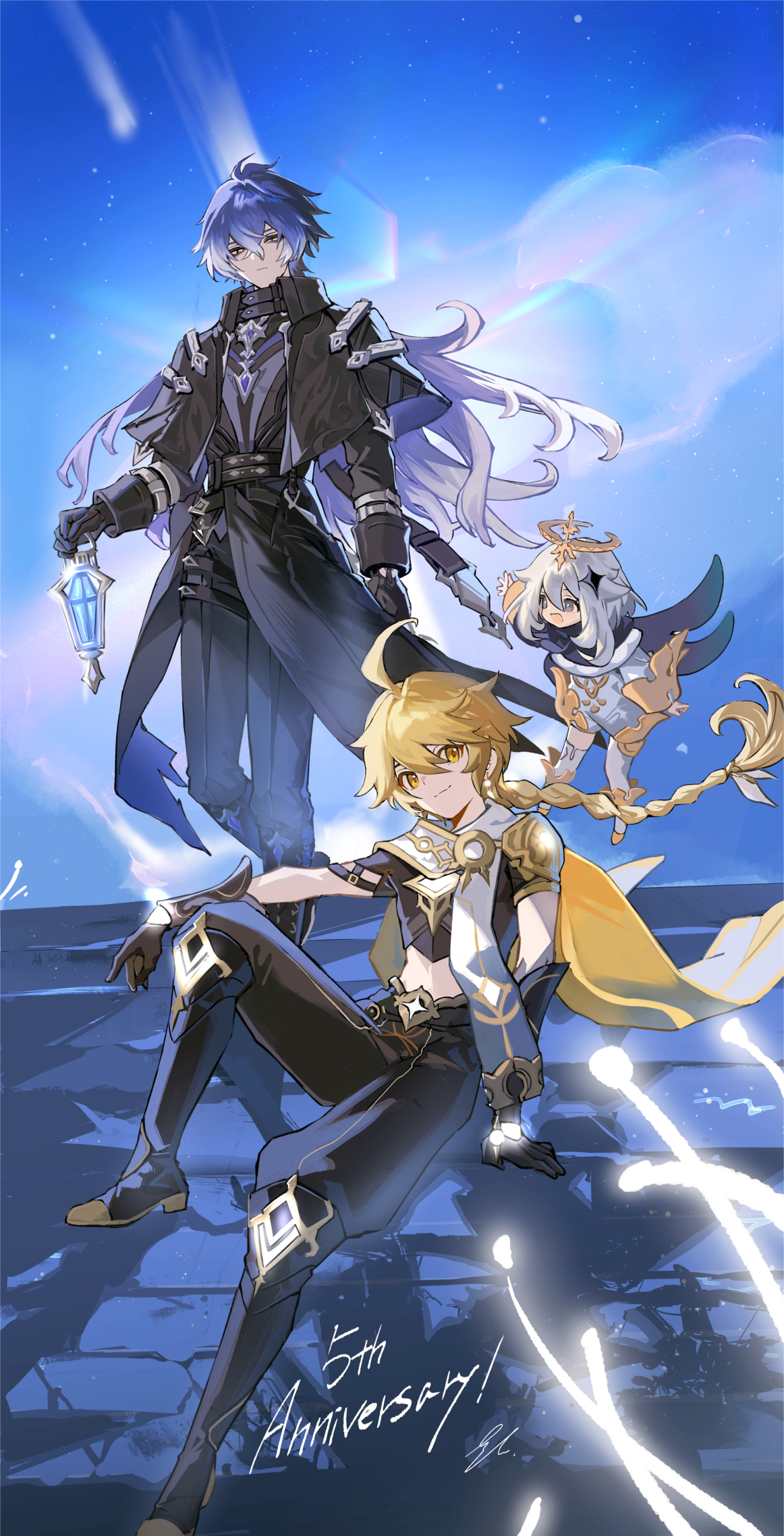 hayama eishi, aether (genshin impact), flins (genshin impact), paimon (genshin impact), genshin impact, commentary request, highres, 1girl, 2boys, ahoge, anniversary, arm armor, arm up, armor, artist name, baggy pants, belt, black belt, black boots, black capelet, black jacket, black pants, black shirt, blonde hair, blue hair, blue sky, boots, braid, cape, capelet, closed mouth, cloud, cloudy sky, crystal hair ornament, day, earrings, empty eyes, english text, floating cape, floating hair, flying, full body, gradient hair, hair between eyes, hair ornament, hair ribbon, half-closed eyes, halo, happy anniversary, holding, holding lantern, jacket, jewelry, lantern, long hair, long sleeves, looking at another, looking at viewer, mechanical halo, midriff, multicolored hair, multiple boys, navel, on roof, open mouth, outdoors, pants, puffy long sleeves, puffy sleeves, purple eyes, purple hair, purple scarf, ribbon, romper, rooftop, scarf, shadow, shirt, short hair, short sleeves, shoulder armor, single earring, sitting, sky, smile, standing, star (symbol), wavy hair, white boots, white hair, white ribbon, white romper, white scarf, yellow cape, yellow eyes
