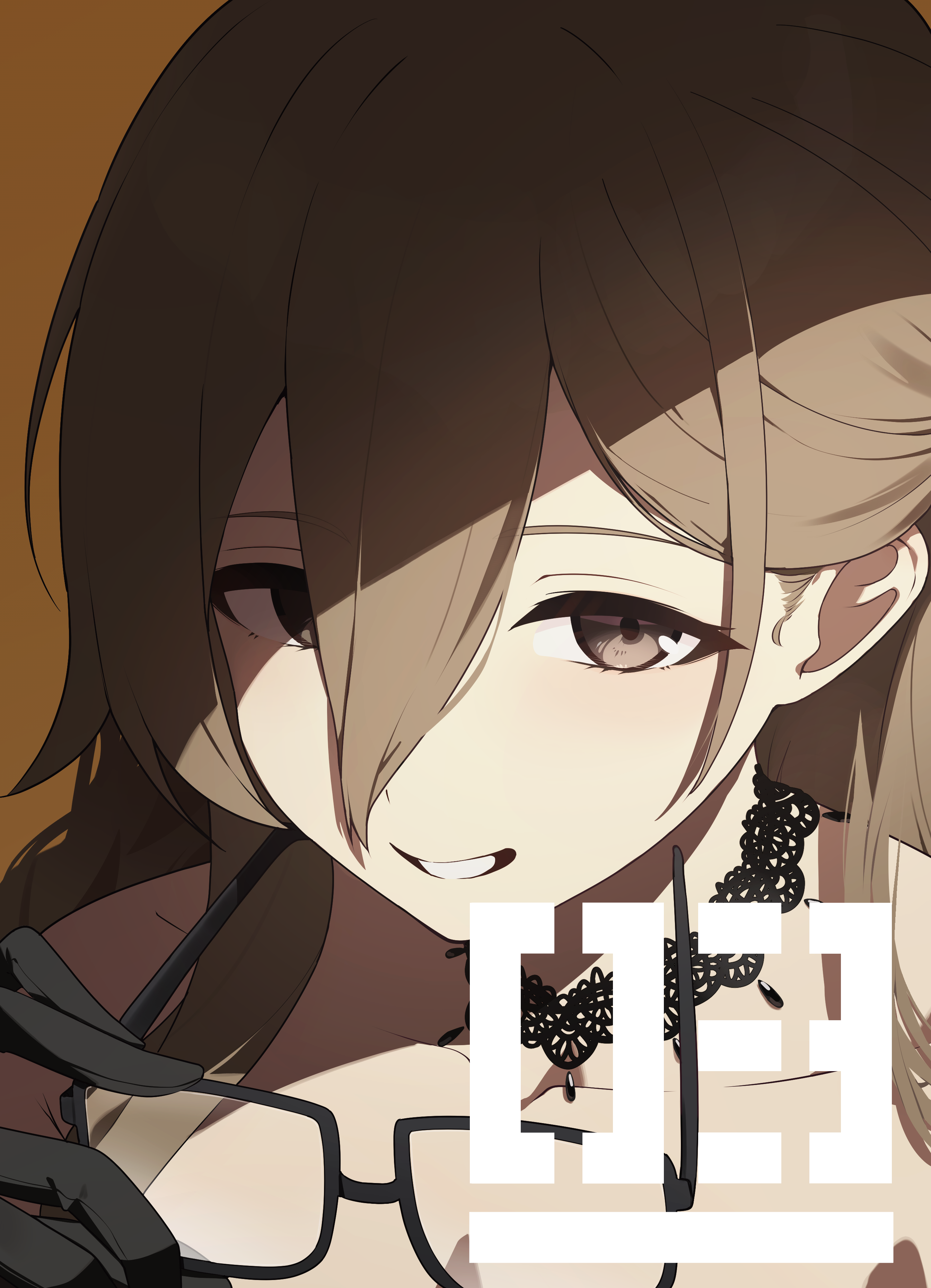 pyytato, akane (blue archive), blue archive, absurdres, commentary, highres, 1girl, alternate costume, bare shoulders, black-framed eyewear, black gloves, brown eyes, brown hair, collarbone, double-parted bangs, glasses, gloves, grin, hair behind ear, hair between eyes, hand up, holding, holding removed eyewear, jewelry, looking at viewer, necklace, orange background, portrait, simple background, smile, solo, tsurime, unworn eyewear