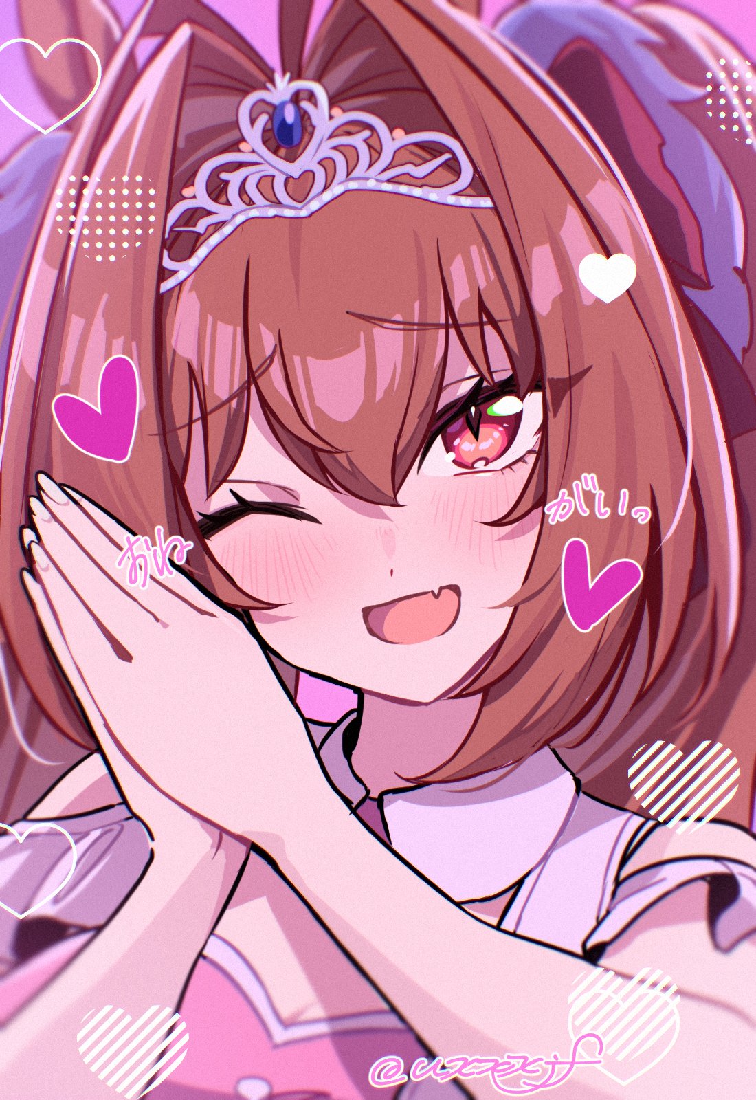 uxxxjf, daiwa scarlet (umamusume), umamusume, highres, 1girl, animal ears, blush, breasts, brown hair, clothing cutout, detached collar, fang, hair between eyes, hair intakes, heart, horse ears, horse girl, long hair, looking at viewer, meni shuki rush-sshu!, one eye closed, open mouth, own hands together, pink shirt, portrait, red eyes, shirt, shoulder cutout, skin fang, smile, solo, tiara, twintails, very long hair
