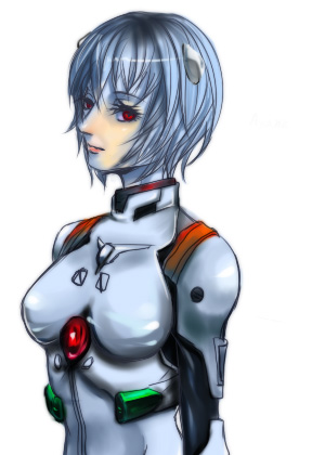 iori.m, replihoney, ayanami rei, neon genesis evangelion, lowres, blue hair, interface headset (evangelion), mecha pilot suit, plugsuit (evangelion), red eyes, short hair, solo