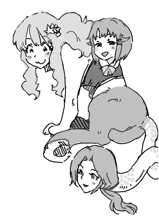 jibakurei (elite unchi), kawashima mizuki, koshimizu sachiko, moroboshi kirari, idolmaster, idolmaster cinderella girls, bad id, bad twitter id, 3girls, :3, blush stickers, chimera, closed mouth, fusion, greyscale, hair ornament, half-closed eyes, human head, long hair, looking ahead, looking at viewer, low ponytail, monochrome, monsterification, multiple girls, open mouth, ponytail, short hair, simple background, sitting, smile, star (symbol), star hair ornament, what, white background