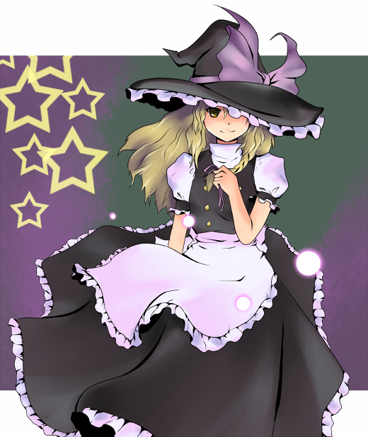 namine0079, kirisame marisa, touhou, 1girl, blonde hair, dress, female focus, hat, long hair, ribbon, solo, star (symbol), witch, yellow eyes
