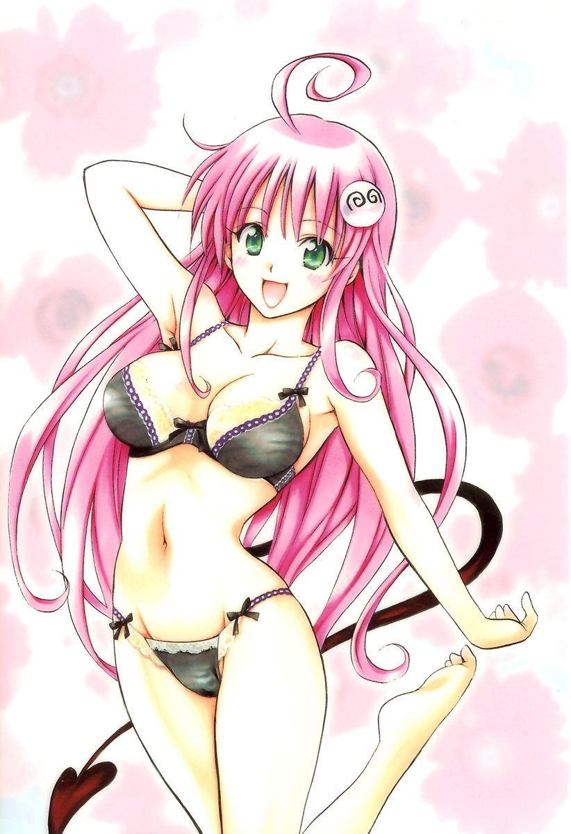 yabuki kentarou, lala satalin deviluke, peke (to love-ru), to love-ru, highres, 00s, 1girl, armpits, barefoot, bra, female focus, green eyes, lingerie, long hair, panties, pink hair, solo, tail, underwear, underwear only