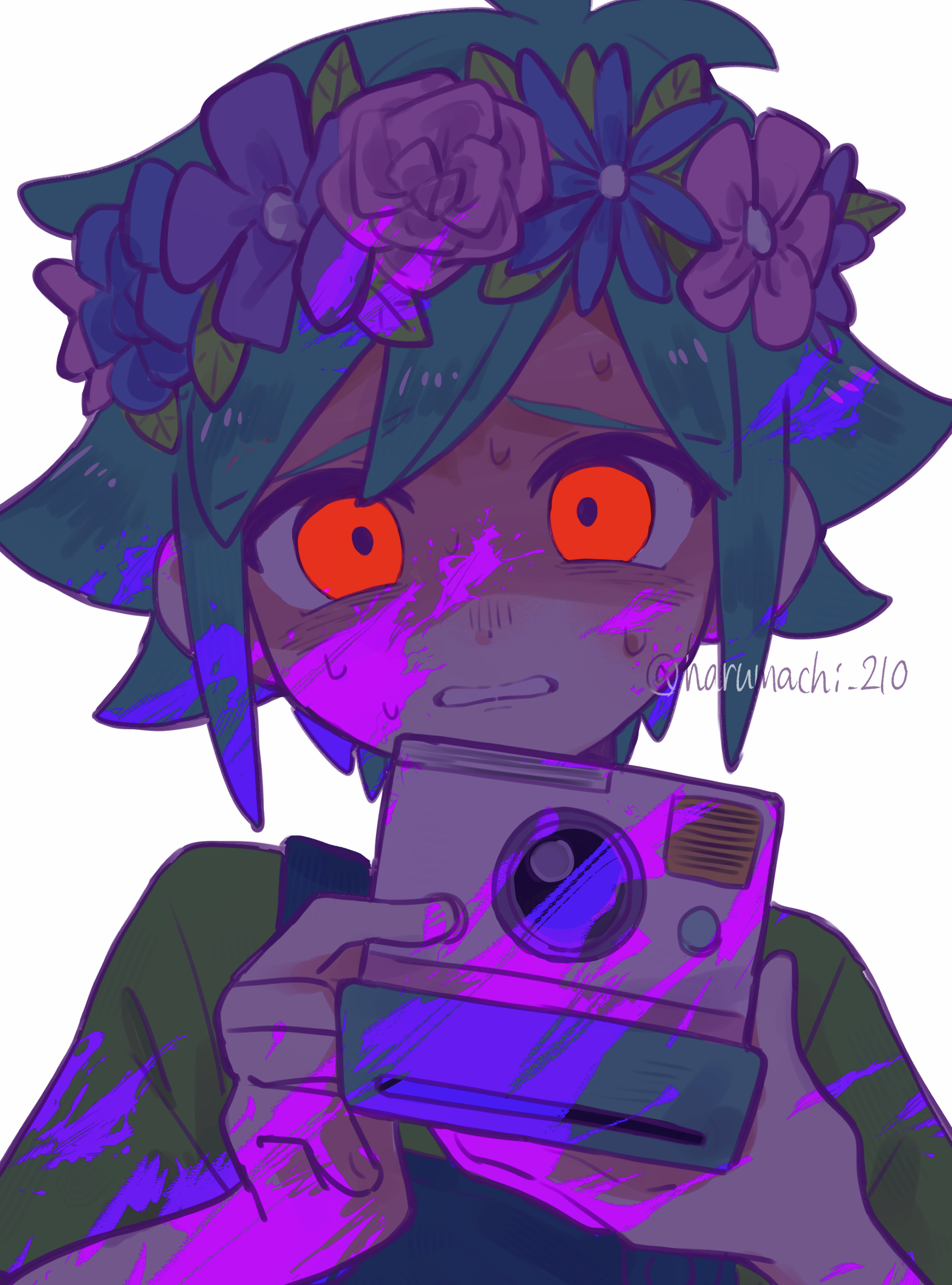 haru-cho, basil (headspace) (omori), basil (omori), omori, absurdres, highres, 1boy, antenna hair, blue overalls, camera, double-parted bangs, flower, green hair, green shirt, hair between eyes, head wreath, holding, holding camera, looking at viewer, male focus, nervous sweating, overalls, parted lips, red eyes, shirt, short hair, short sleeves, sidelocks, simple background, solo, sweat, t-shirt, twitter username, upper body, white background