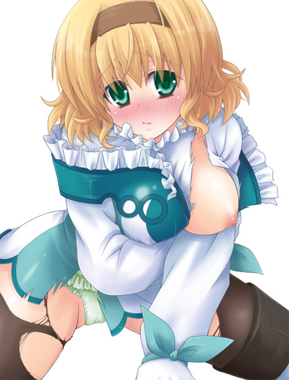 taka (pixiv19016), taka (sena), natalia luzu kimlasca lanvaldear, tales of (series), tales of the abyss, bad id, bad pixiv id, 00s, 1girl, blonde hair, blush, breasts, female focus, green eyes, hairband, large breasts, nipples, panties, pantyhose, solo, torn clothes, torn pantyhose, underwear