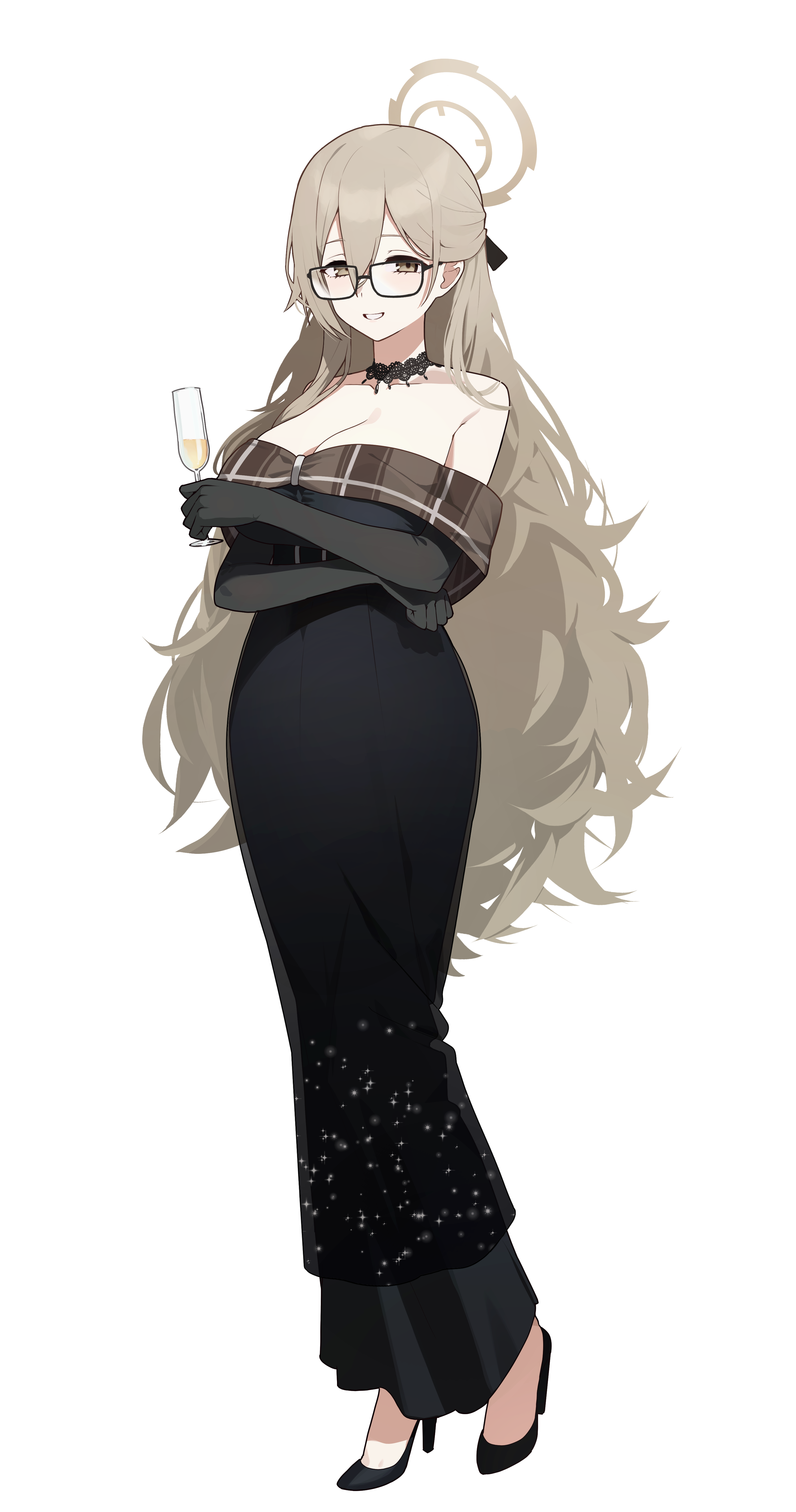 pyytato, akane (blue archive), blue archive, absurdres, highres, 1girl, :d, alcohol, alternate costume, alternate hairstyle, arm under breasts, bare shoulders, black-framed eyewear, black dress, black gloves, black shoes, blush, breasts, brown eyes, brown hair, brown halo, champagne, cleavage, clenched hand, collarbone, cup, double-parted bangs, dress, elbow gloves, evening gown, eyelashes, formal clothes, glasses, gloves, grin, hair behind ear, hair between eyes, half updo, halo, hand up, high heels, holding, holding cup, jewelry, large breasts, long dress, long hair, looking at viewer, necklace, off-shoulder dress, off shoulder, open mouth, shoes, sidelocks, simple background, smile, solo, very long hair, white background