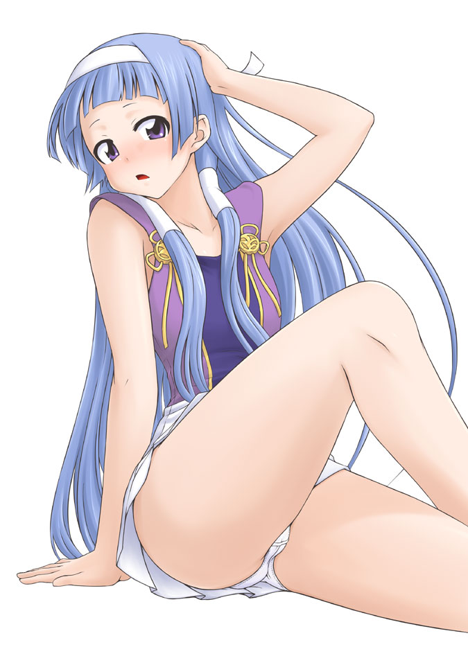 mikagami sou, nagi, kannagi, 00s, 1girl, blue hair, blunt bangs, blush, female focus, hair tubes, hairband, long hair, panties, pantyshot, pleated skirt, purple eyes, skirt, solo, thighs, underwear, upskirt, very long hair, white panties, white skirt