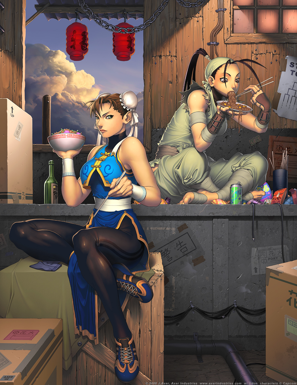 j axer, jay axer, jeff axer, udon entertainment, chun-li, ibuki (street fighter), capcom, street fighter, street fighter iii (series), highres, 2girls, alcohol, bandages, bowl, box, brown hair, bun cover, can, chain, china dress, chinese clothes, chopsticks, clothing cutout, cloud, crate, double bun, dress, eating, feet, food, hair bun, hip vent, lantern, multiple girls, ninja, noodles, on box, pantyhose, pelvic curtain, shoes, sitting, sitting on box, snack, sneakers, window, wine