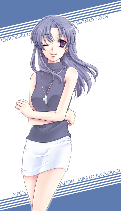 yuh, katsuragi misato, neon genesis evangelion, 1girl, bare shoulders, cross, female focus, jewelry, long hair, necklace, pencil skirt, purple eyes, purple hair, skirt, sleeveless, sleeveless turtleneck, solo, turtleneck