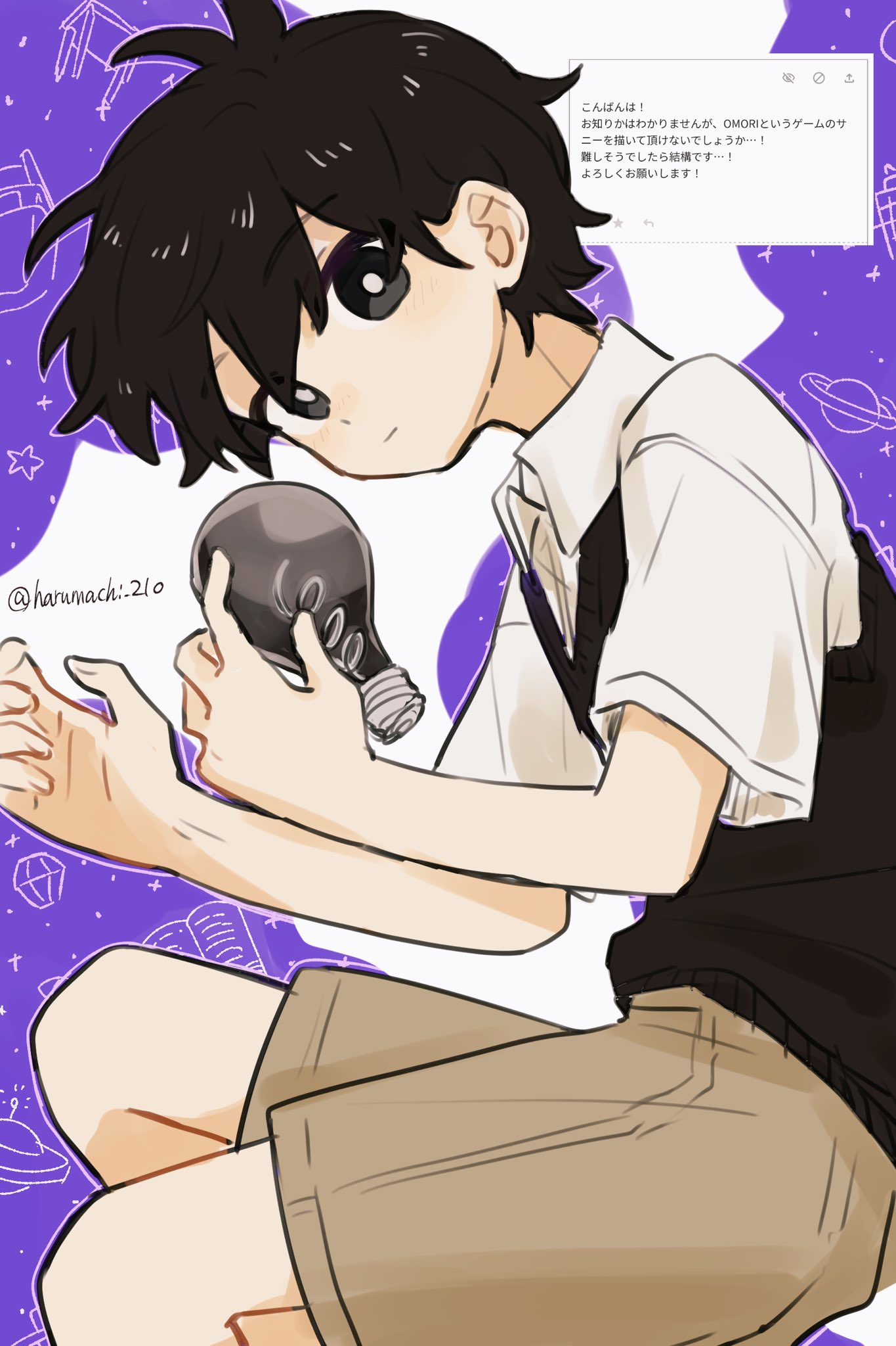 haru-cho, sunny (omori), omori, highres, translation request, 1boy, black eyes, black hair, black sweater vest, bright pupils, brown shorts, closed mouth, collared shirt, light bulb, looking at viewer, lying, male focus, on side, shirt, short hair, short sleeves, shorts, solo, sweater vest, twitter username, white pupils, white shirt