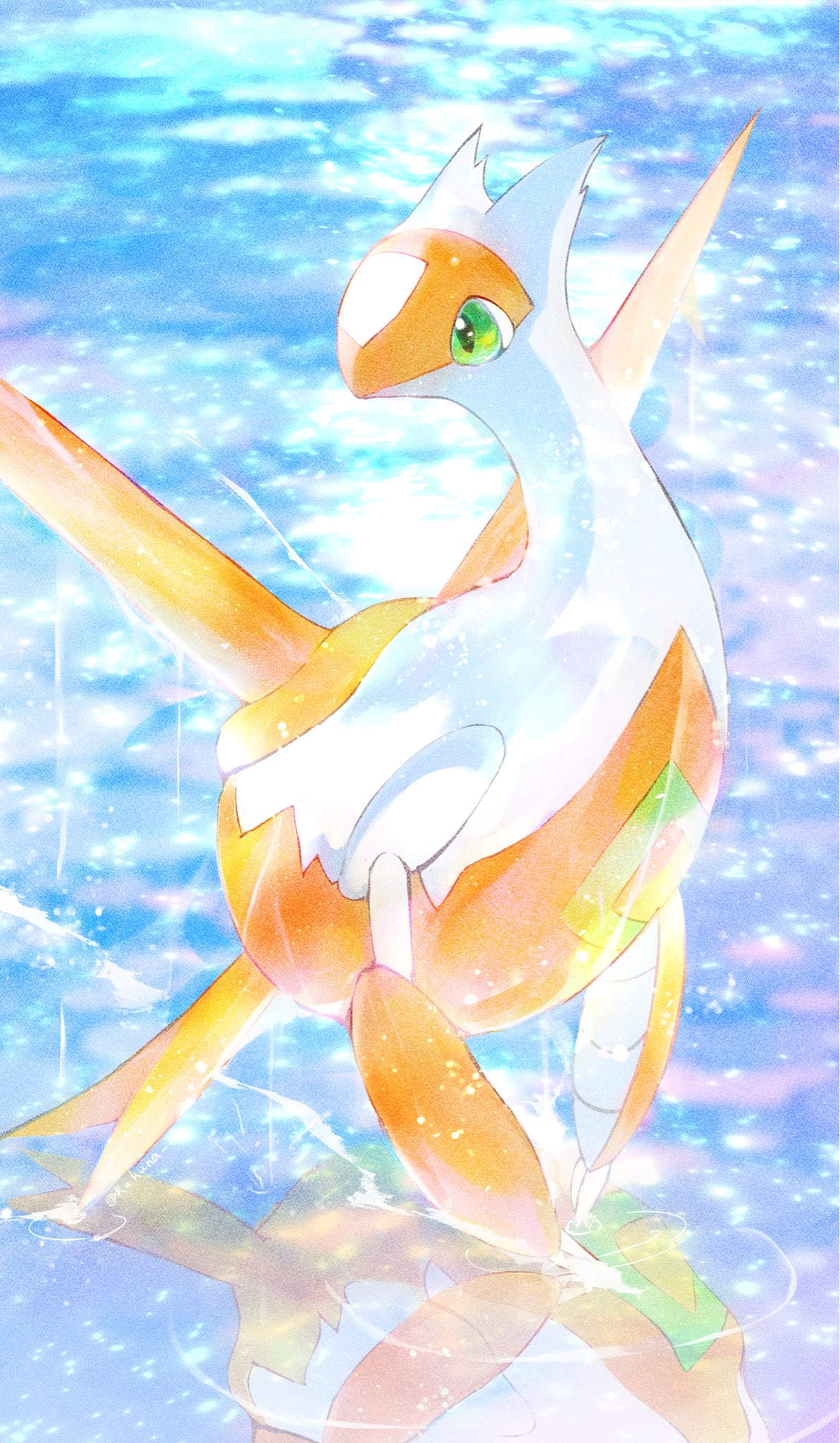 kukuna27, latias, nintendo, pokemon, highres, alternate color, floating, gen 3 pokemon, green eyes, legendary pokemon, looking to the side, no humans, no mouth, ocean, pokemon (creature), pokemon focus, shiny pokemon, water, wings