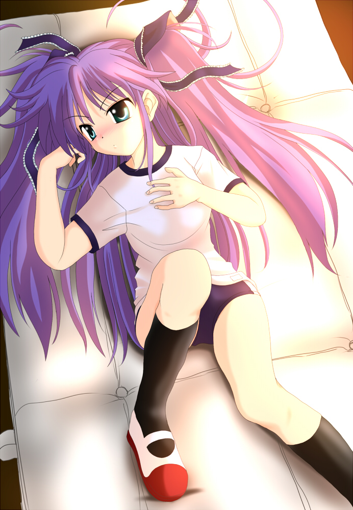 takepapa, sasasegawa sasami, little busters!, blouse, blue eyes, buruma, gym uniform, kneehighs, long hair, purple hair, shirt, socks, solo, very long hair, white shirt