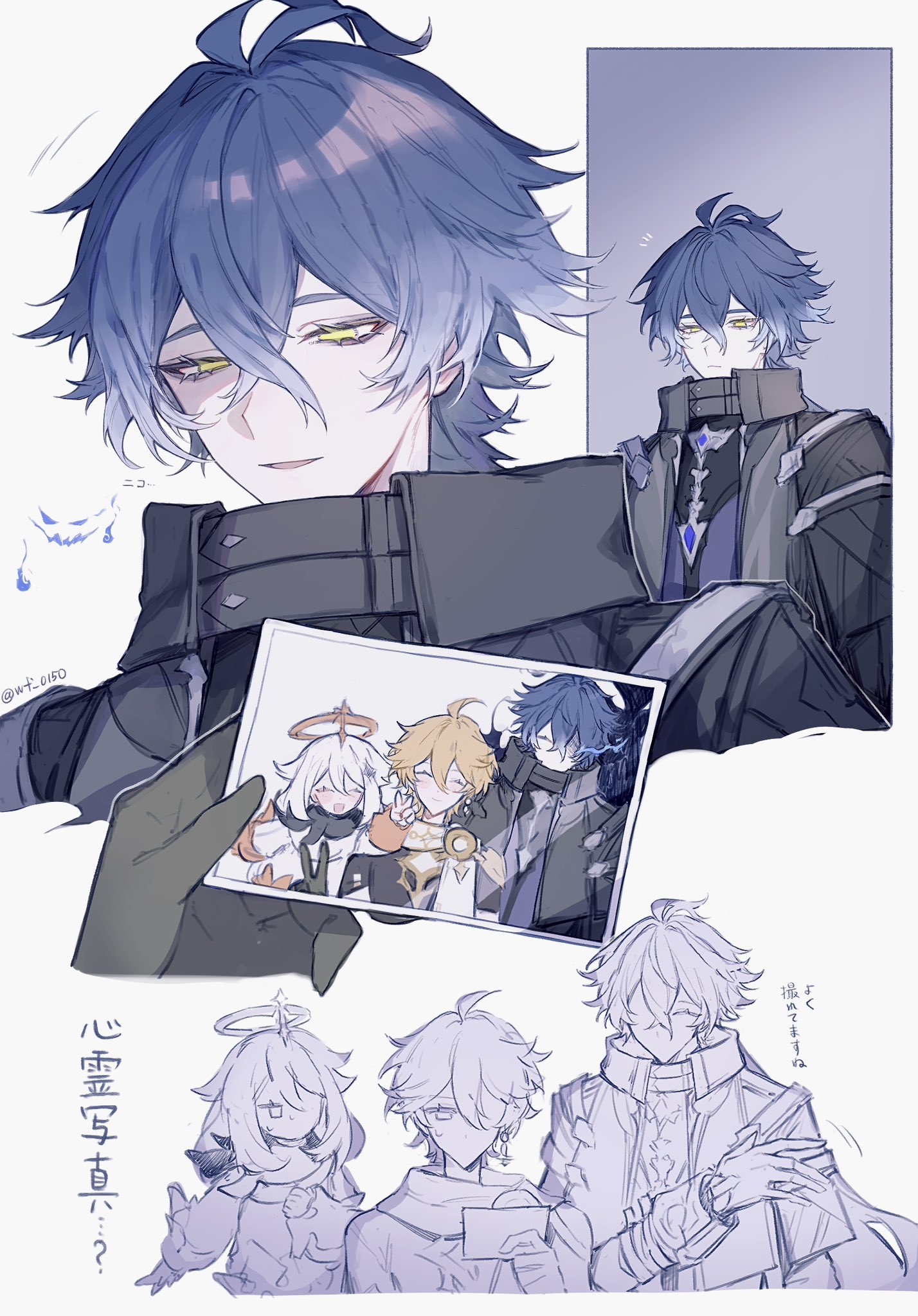aether (genshin impact), flins (genshin impact), paimon (genshin impact), genshin impact, highres, 1girl, 2boys, ahoge, antenna hair, armor, artist name, black capelet, black gloves, black jacket, black shirt, blonde hair, blue hair, blush stickers, braid, capelet, clenched hand, closed eyes, closed mouth, crossed bangs, crystal hair ornament, earrings, empty eyes, flying, gloves, hair between eyes, hair ornament, hair over one eye, half-closed eyes, halo, hand on own chest, hand up, holding, holding photo, jacket, jewelry, long hair, long sleeves, looking afar, looking down, mechanical halo, multicolored hair, multiple boys, multiple views, no mouth, notice lines, open mouth, photo (object), puffy long sleeves, puffy sleeves, romper, scarf, shirt, short hair, short sleeves, shoulder armor, simple background, single earring, smile, streaked hair, sweatdrop, upper body, v, wf 0150, white background, white hair, white romper, white scarf, yellow eyes