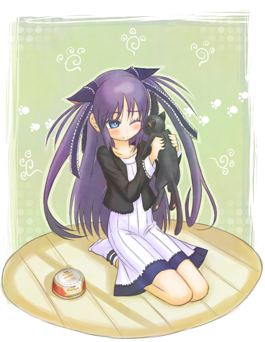 kingin, kuro (little busters!), sasasegawa sasami, little busters!, highres, 1girl, blue eyes, cat, female focus, long hair, purple hair, solo