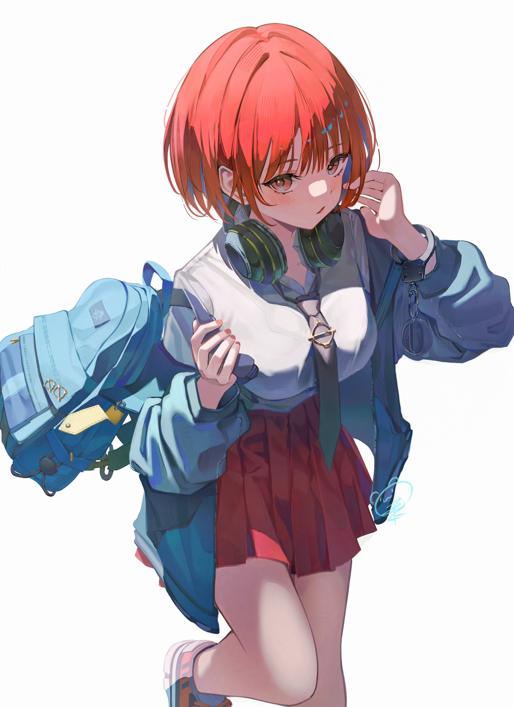 ruda (ruda e), original, absurdres, highres, 1girl, backpack, bag, black necktie, blue bag, blue jacket, breasts, headphones, headphones around neck, jacket, large breasts, looking at viewer, miniskirt, necktie, pleated skirt, red eyes, red hair, red skirt, school uniform, shirt, short hair, simple background, single handcuff, skirt, solo, white background, white shirt