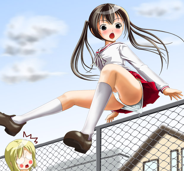 takapi (chimee house), keiko (minami-ke), minami kana, minami-ke, 00s, 2girls, ^^^, blonde hair, blush, blush stickers, brown eyes, brown hair, building, chain-link fence, cloud, cloudy sky, fence, glasses, hair between eyes, jumping, loafers, long hair, long sleeves, midair, multiple girls, open mouth, outdoors, panties, pleated skirt, red skirt, sailor collar, school uniform, serafuku, shoes, short hair, skirt, sky, solo focus, sweatdrop, teeth, thighs, twintails, underwear, upper teeth only, upskirt, wardrobe malfunction, wedgie, white panties